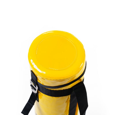 Yellow cylindrical container with a black strap on a white background