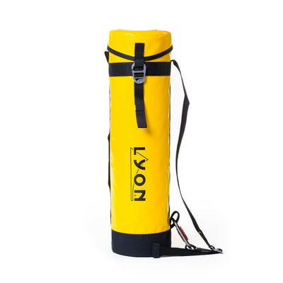 Yellow bag with black strap and 'LYON' branding on a white background