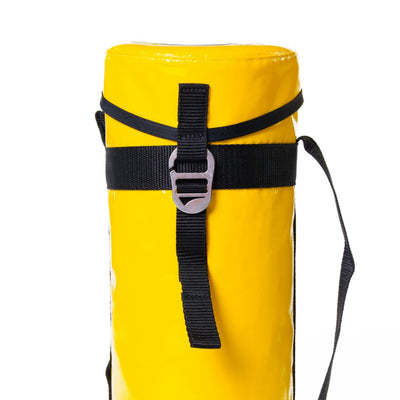 Yellow bag with a black strap on a white background