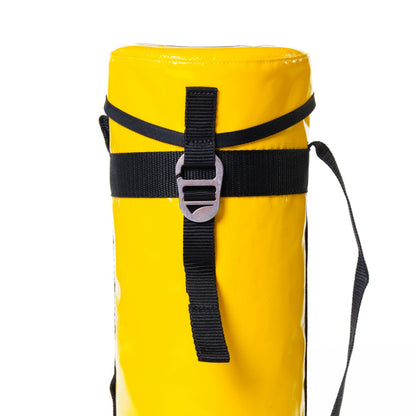 Yellow bag with a black strap on a white background