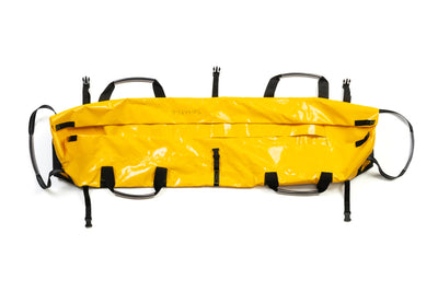 Yellow kayak carrier with black straps on a white background