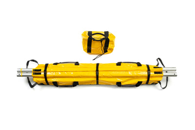 Yellow inflatable boat with black straps on a white background