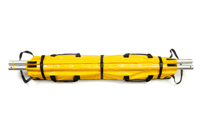 Yellow inflatable raft with black straps on a white background