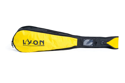Yellow and black paddle with 'LYON' branding on a white background