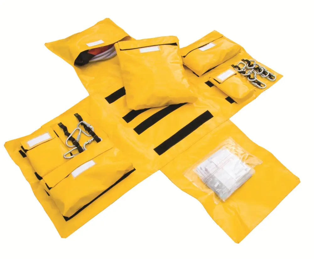 Yellow tool kit with various tools on a white background