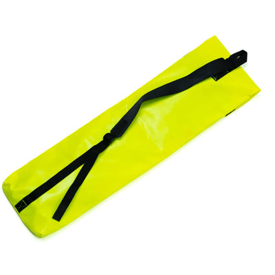 Yellow waterproof bag with a black strap on a white background