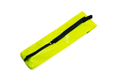 Yellow rectangular bag with a black strap on a white background