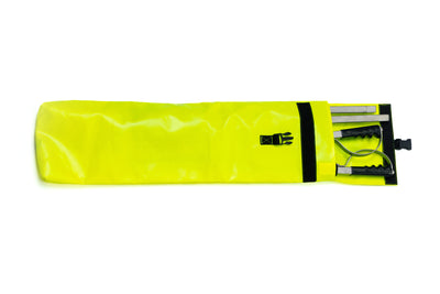 Yellow carrying case with folded sticks on a white background