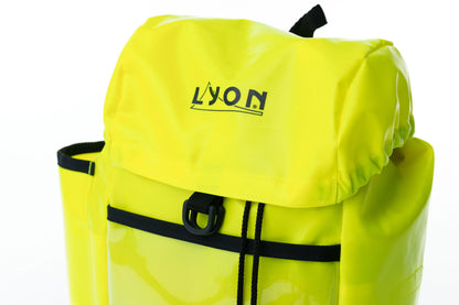 Yellow backpack with black straps and 'LYON' branding on a white background