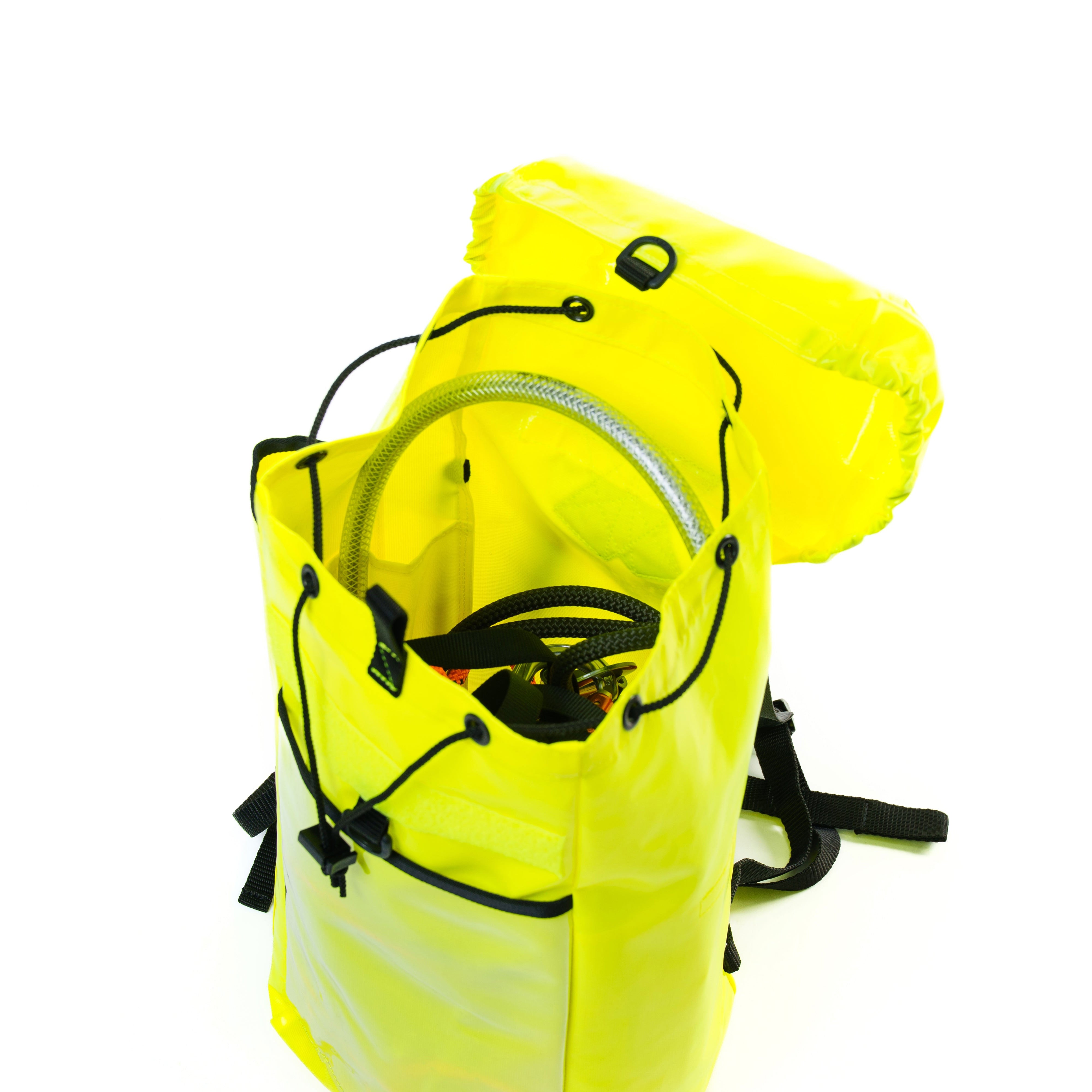 Yellow backpack with a clear front section on a white background