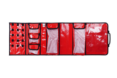 Red car organizer with multiple compartments on a white background