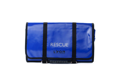 Blue bag with 'Rescue Lyon' text on a white background