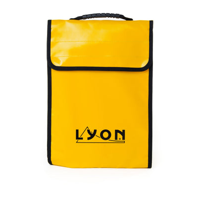 Yellow bag with black handle and 'LYON' logo on a white background