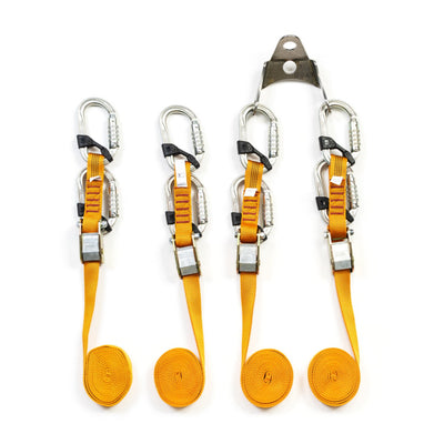 Set of four safety lanyards with carabiners on a white background