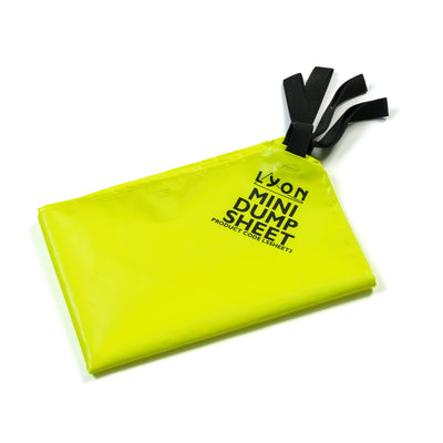 Yellow mini dump sheet with black text and straps on a white background