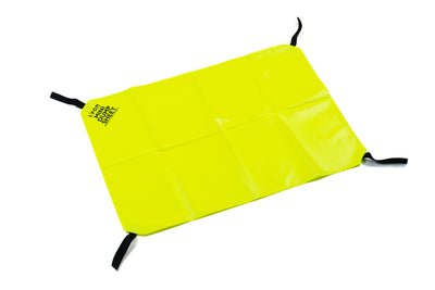 Yellow folding mat with black straps on a white background