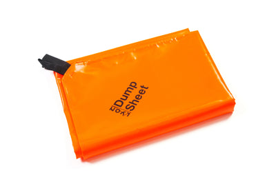 Orange 'Dump Sheet' pouch with black text on a white background