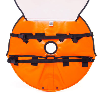 Orange safety helmet with black straps on a white background
