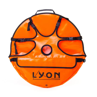 Orange tube with black straps and 'LYON' branding on a white background