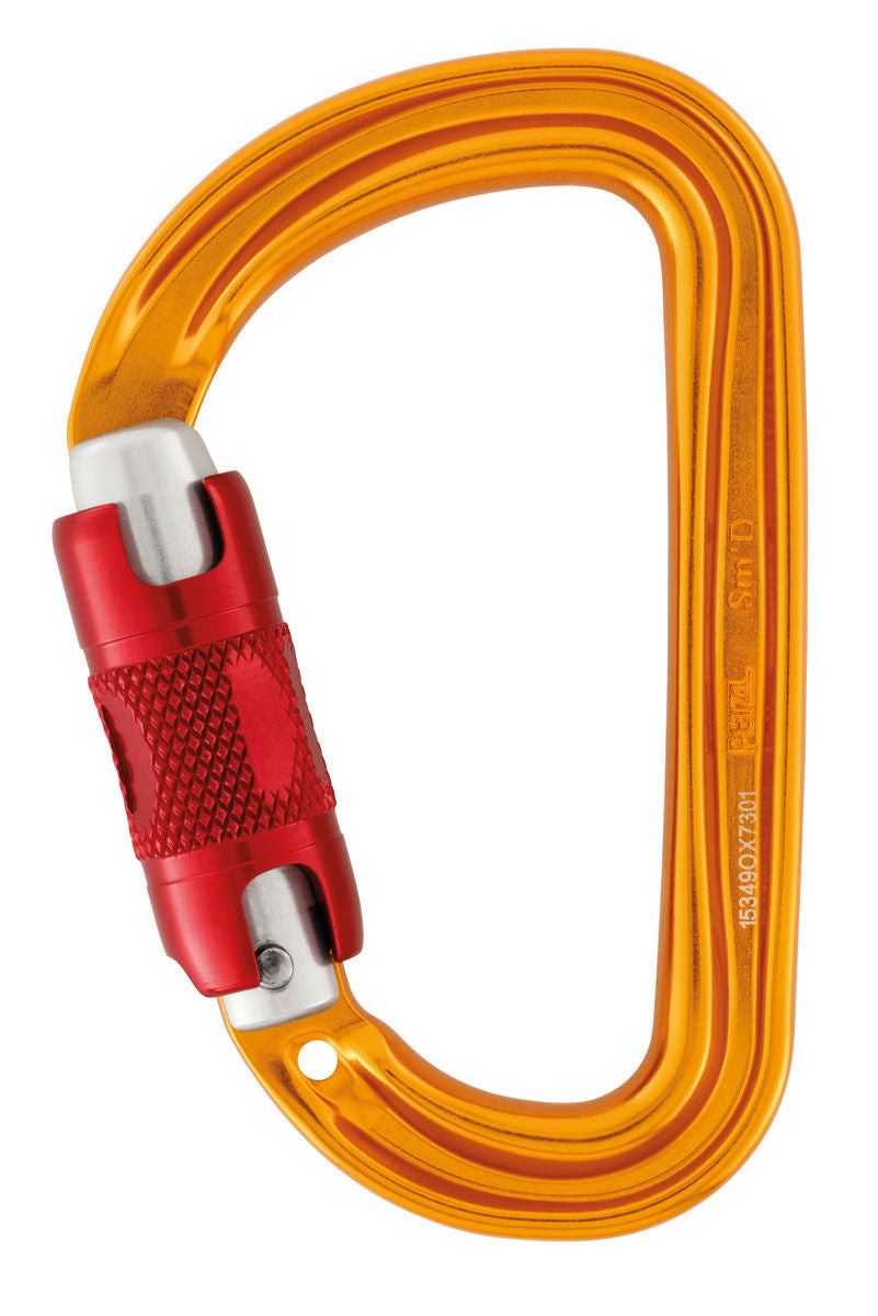 Orange carabiner with red locking mechanism on a white background