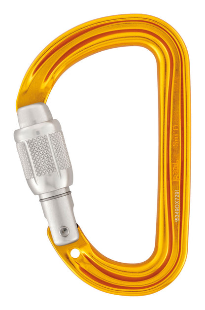 Yellow carabiner with silver locking mechanism on a white background