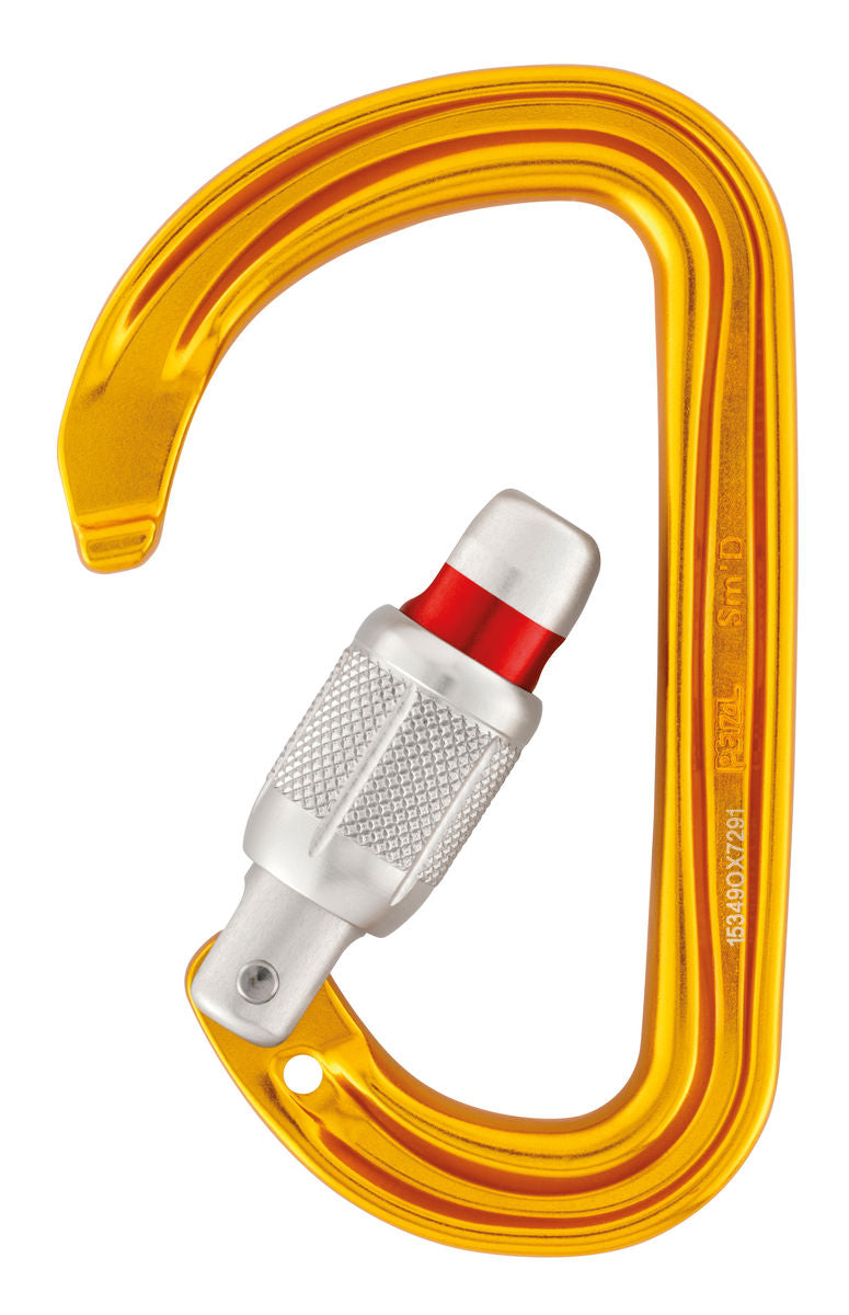 Yellow carabiner with a red and silver component on a white background
