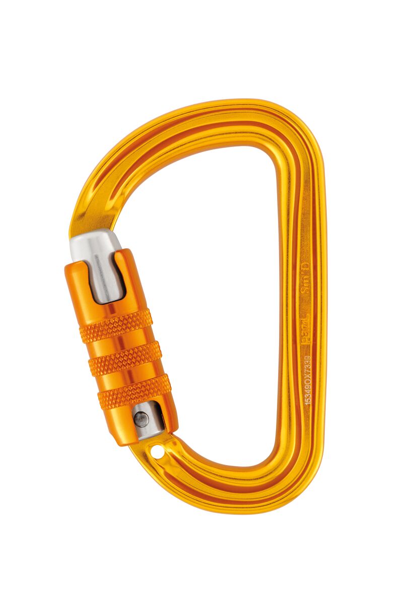 Orange carabiner with a white background