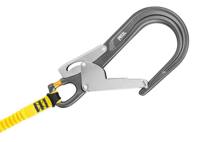 Petzl rappel device with a yellow strap on a white background