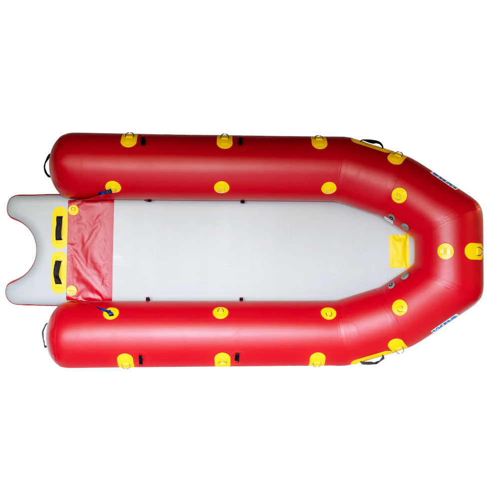 Red inflatable boat with yellow dots on a white background