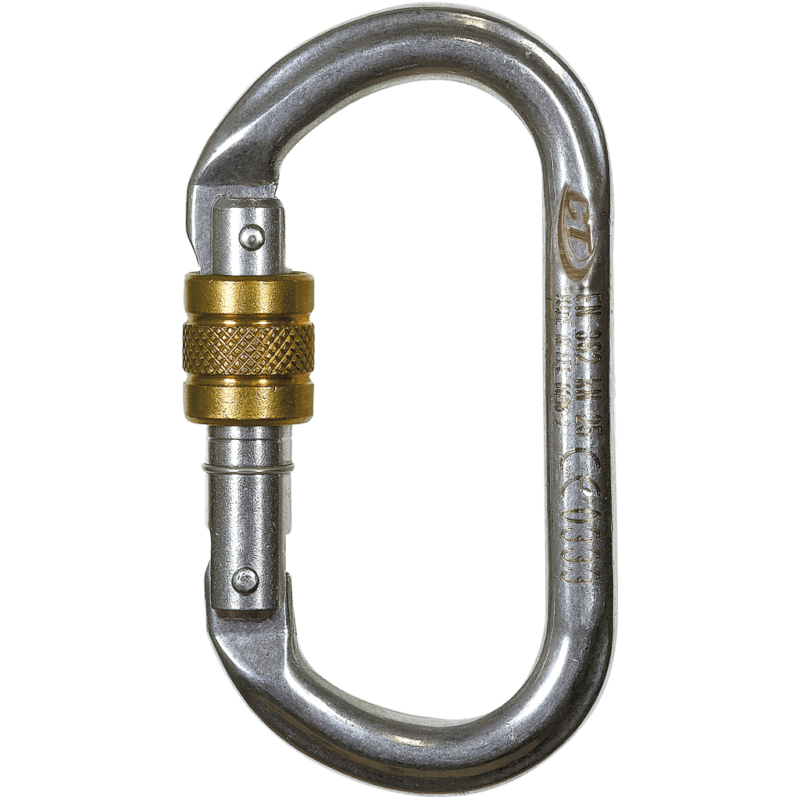 Metal carabiner with gold screw lock on a white background