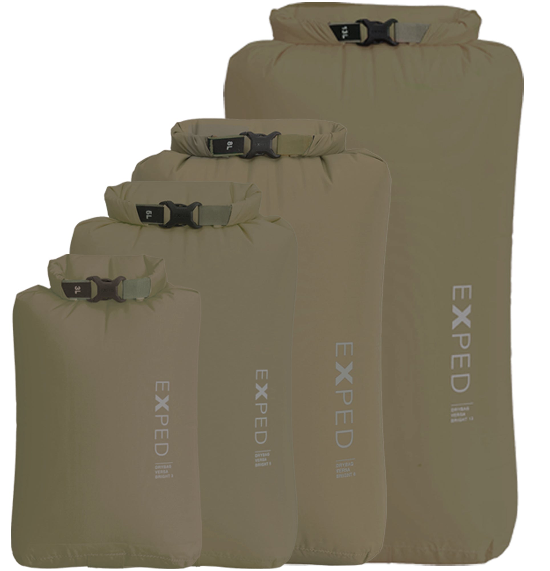 Set of five beige bags with Exped branding on a white background