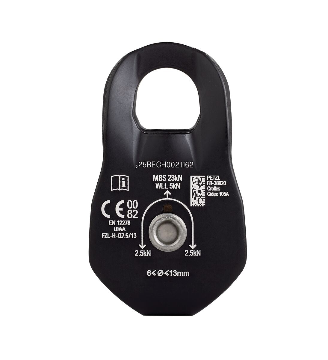Black pulley system component with technical specifications on a white background