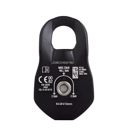 Black pulley system component with technical specifications on a white background