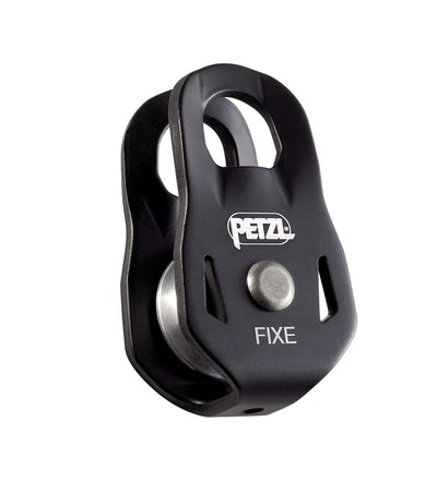 Black pulley system with 'Petzl' branding on a white background