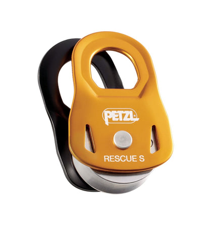 Orange and black PETZL rescue pulley on a white background