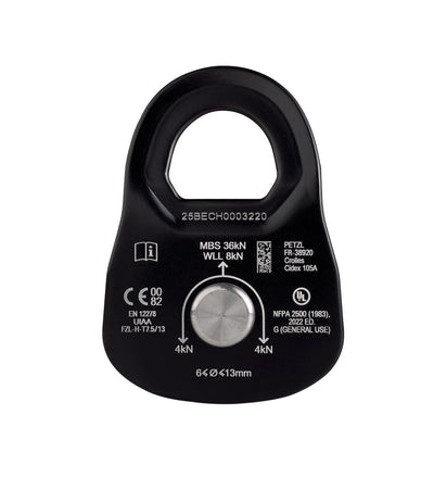 Black climbing pulley with technical specifications on a white background