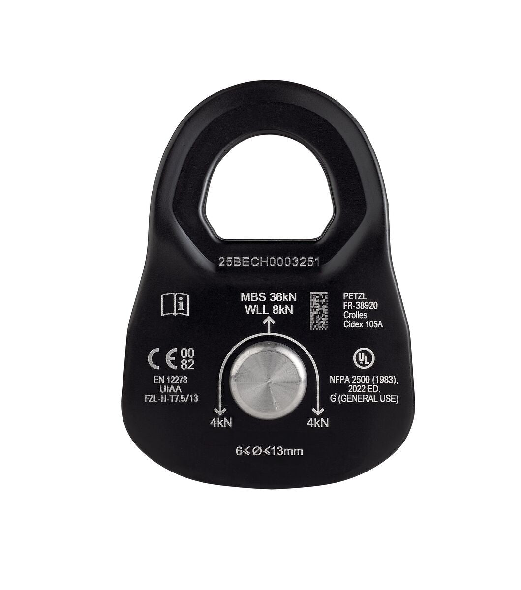Black pulley system component with technical specifications on a white background