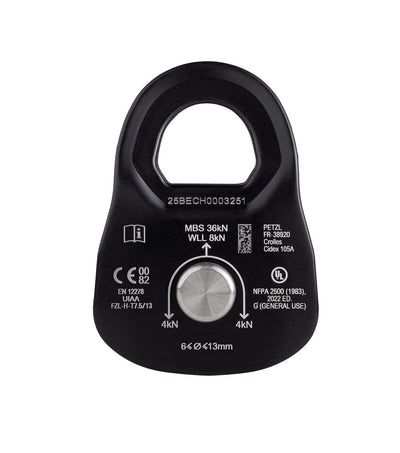 Black pulley system component with technical specifications on a white background