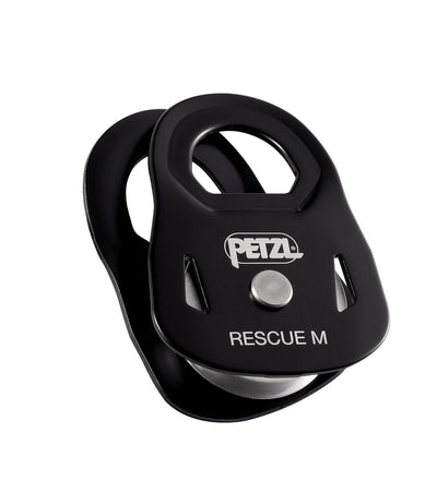Black PETZL Rescue M pulley system on a white background
