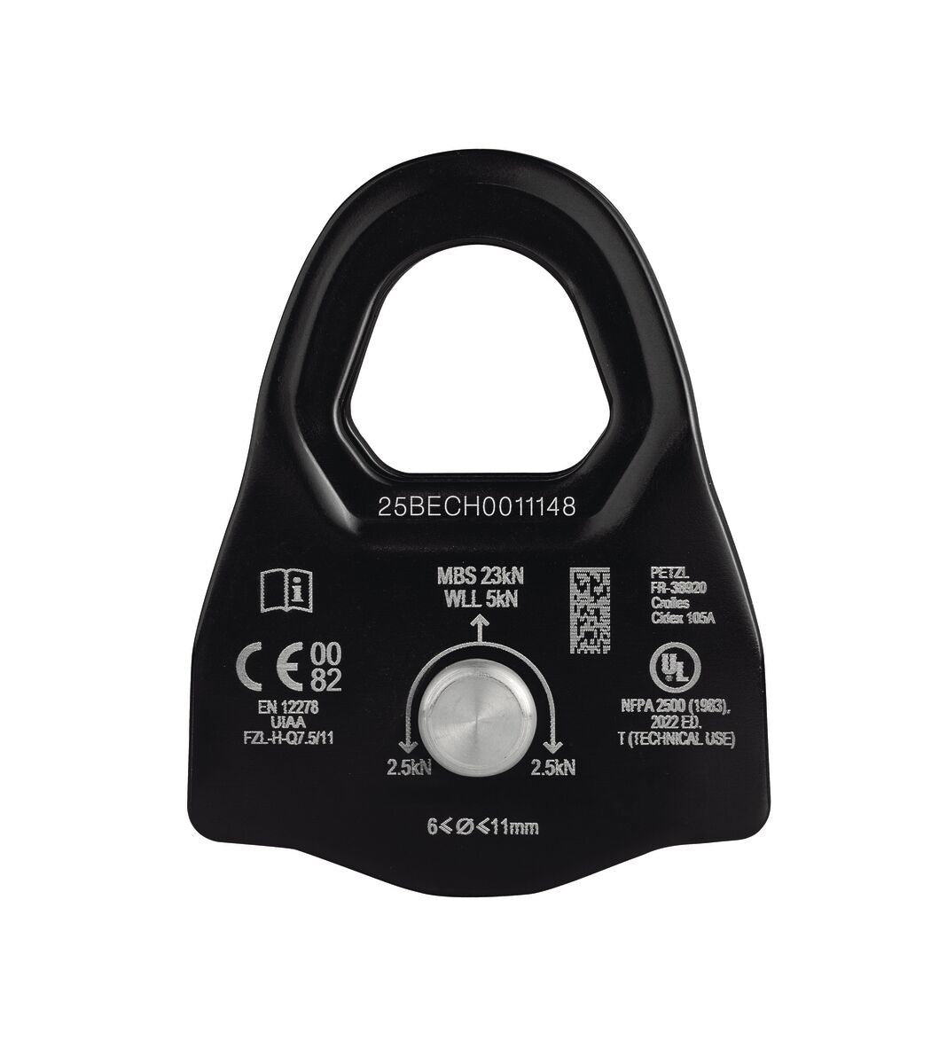 Black pulley system component with technical specifications on a white background