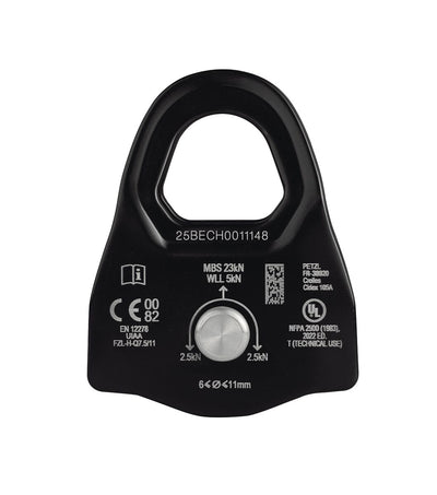 Black pulley system component with technical specifications on a white background