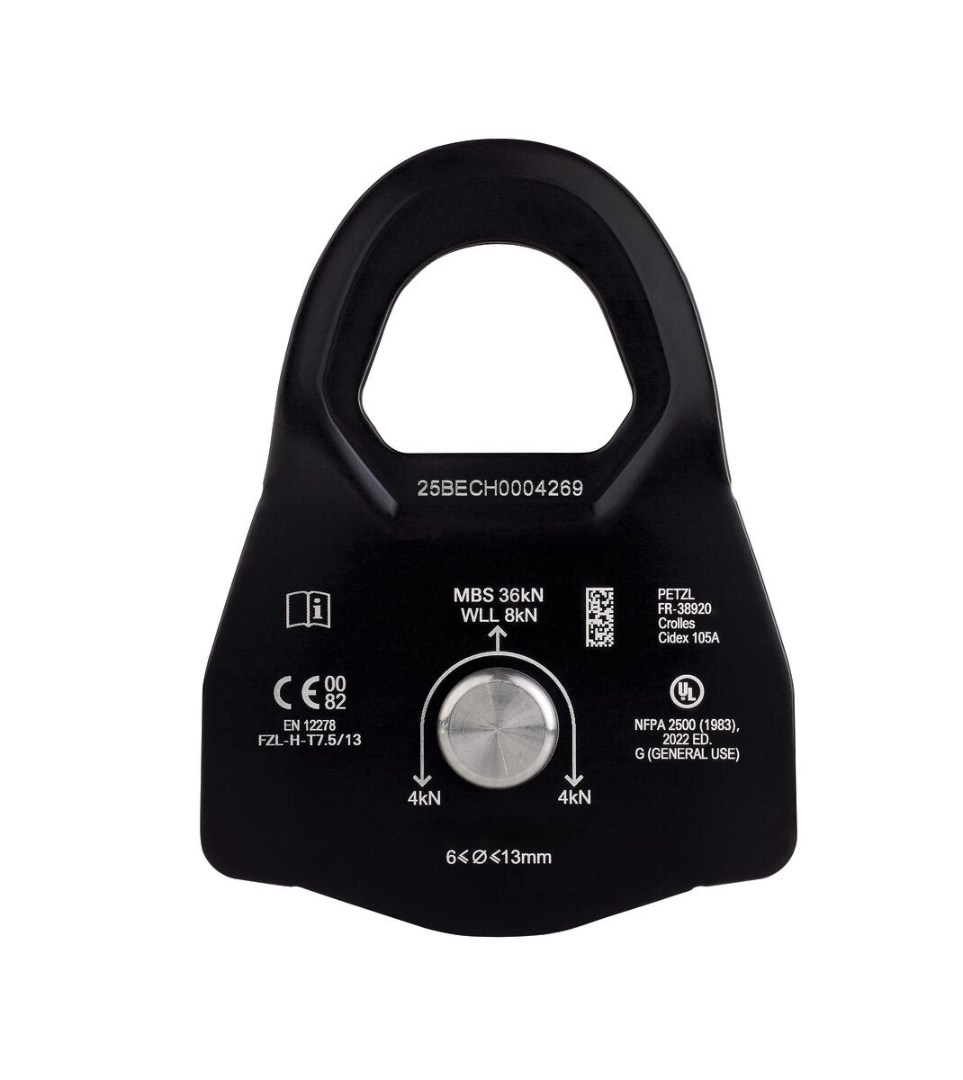 Black pulley system component with technical specifications on a white background