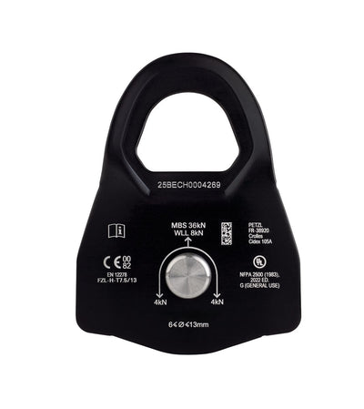 Black pulley system component with technical specifications on a white background