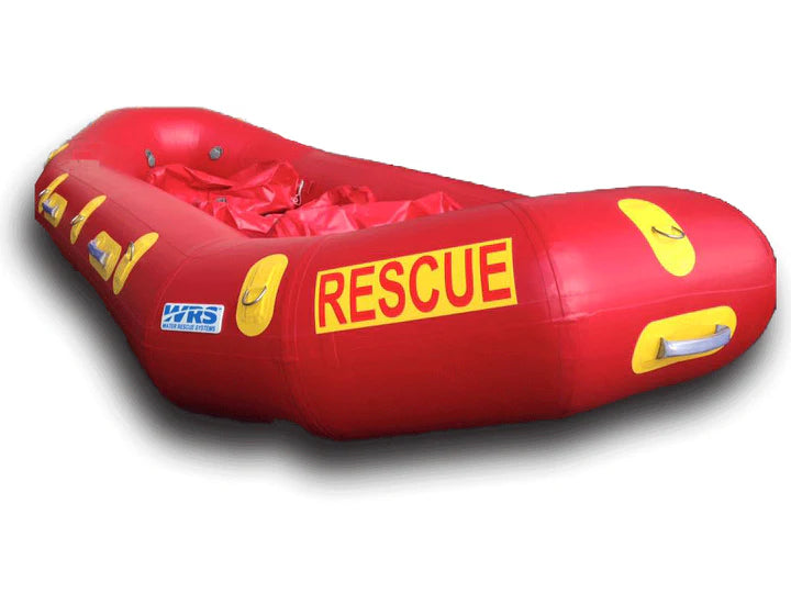 Red inflatable rescue raft with yellow accents on a white background