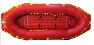 Red inflatable raft with yellow accents on a white background