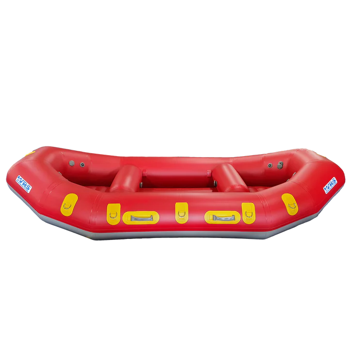 Red inflatable raft with yellow accents on a white background
