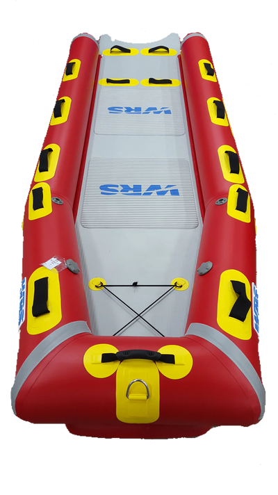 Red inflatable boat with yellow and black accents on a white background