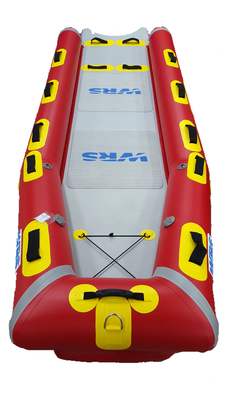 Red inflatable boat with yellow and black accents on a white background