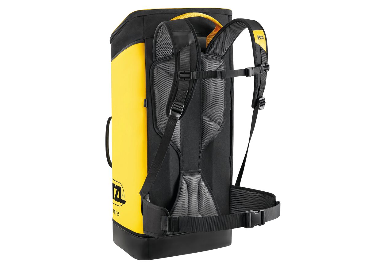 Yellow and black backpack with a visible brand logo on a white background