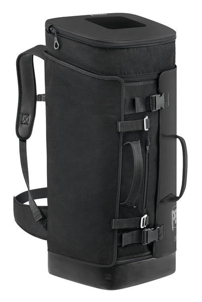 Black backpack with multiple straps and zippers on a white background